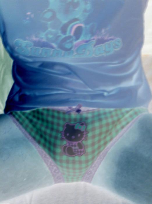 Wearing my pretty Hello Kitty panties. Meow. [reversed colors]